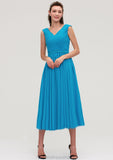 Sleeveless V Neck Tea-Length Chiffon A-line/Princess Bridesmaid Dresseses With Pleated Olivia STKP0025448