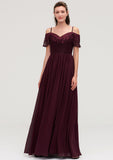 Off-the-Shoulder Sleeveless Chiffon A-line/Princess Long/Floor-Length Bridesmaid Dresseses With Lace Carolina STKP0025449