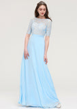 Half Sleeve Long/Floor-Length Bateau Chiffon A-line/Princess Bridesmaid Dresses With Lace Payten STKP0025450