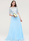 Half Sleeve Long/Floor-Length Bateau Chiffon A-line/Princess Bridesmaid Dresses With Lace Payten STKP0025450