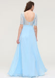 Half Sleeve Long/Floor-Length Bateau Chiffon A-line/Princess Bridesmaid Dresses With Lace Payten STKP0025450