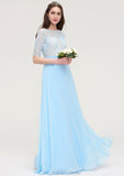 Half Sleeve Long/Floor-Length Bateau Chiffon A-line/Princess Bridesmaid Dresses With Lace Payten STKP0025450