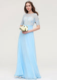 Half Sleeve Long/Floor-Length Bateau Chiffon A-line/Princess Bridesmaid Dresses With Lace Payten STKP0025450