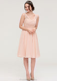 Sleeveless V Neck A-line/Princess Chiffon Knee-Length Bridesmaid Dresses With Lace Quinn STKP0025453