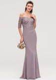 Off-the-Shoulder Half Sleeve Sheath/Column Long/Floor-Length Chiffon Bridesmaid Dresseses With Appliqued Lilah STKP0025458