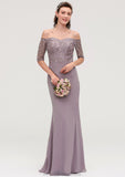 Off-the-Shoulder Half Sleeve Sheath/Column Long/Floor-Length Chiffon Bridesmaid Dresseses With Appliqued Lilah STKP0025458