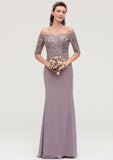 Off-the-Shoulder Half Sleeve Sheath/Column Long/Floor-Length Chiffon Bridesmaid Dresseses With Appliqued Lilah STKP0025458