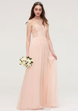 Bateau Sleeveless Long/Floor-Length Chiffon A-line/Princess Bridesmaid Dresses With Lace Pleated Quinn STKP0025464