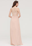 Bateau Sleeveless Long/Floor-Length Chiffon A-line/Princess Bridesmaid Dresses With Lace Pleated Quinn STKP0025464