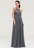 Sleeveless Halter Chiffon A-line/Princess Long/Floor-Length Bridesmaid Dresseses With Pleated Khloe STKP0025466