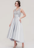 Sleeveless V Neck Asymmetrical Satin A-line/Princess Bridesmaid Dresses With Pleated Lace Natalee STKP0025468