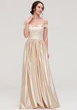 Off-the-Shoulder SleevelessA-line/Princess Charmeuse  Long/Floor-Length Bridesmaid Dresses With Appliqued Vivien STKP0025469