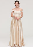 Off-the-Shoulder SleevelessA-line/Princess Charmeuse  Long/Floor-Length Bridesmaid Dresses With Appliqued Vivien STKP0025469