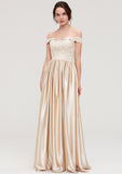 Off-the-Shoulder SleevelessA-line/Princess Charmeuse  Long/Floor-Length Bridesmaid Dresses With Appliqued Vivien STKP0025469