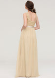 Bateau Sleeveless A-line/Princess Chiffon Long/Floor-Length Bridesmaid Dresses With Sashes Lace Una STKP0025472