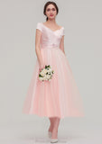 Sweetheart Short Sleeve Tea-Length Tulle A-line/Princess Bridesmaid Dresses With Waistband Beading Pleated Nevaeh STKP0025473