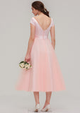 Sweetheart Short Sleeve Tea-Length Tulle A-line/Princess Bridesmaid Dresses With Waistband Beading Pleated Nevaeh STKP0025473