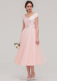 Sweetheart Short Sleeve Tea-Length Tulle A-line/Princess Bridesmaid Dresses With Waistband Beading Pleated Nevaeh STKP0025473