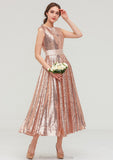 Bateau Sleeveless Tea-Length Sequined A-line/Princess Bridesmaid Dresses With Sashes Sandy STKP0025474