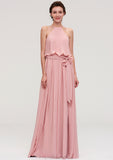 Sleeveless Scoop Neck A-line/Princess Chiffon Long/Floor-Length Bridesmaid Dresseses With Pleated Sashes Marley STKP0025476