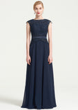 Bateau Sleeveless A-line/Princess Chiffon Long/Floor-Length Bridesmaid Dresses With Sashes Lace Pleated Emery STKP0025480