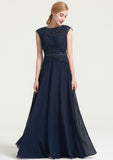 Bateau Sleeveless A-line/Princess Chiffon Long/Floor-Length Bridesmaid Dresses With Sashes Lace Pleated Emery STKP0025480