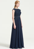 Bateau Sleeveless A-line/Princess Chiffon Long/Floor-Length Bridesmaid Dresses With Sashes Lace Pleated Emery STKP0025480