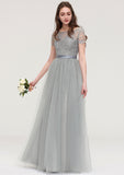 Bateau Short Sleeve Long/Floor-Length Tulle A-line/Princess Bridesmaid Dresses With Sashes Lace Nellie STKP0025482