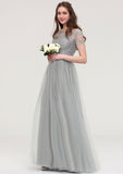 Bateau Short Sleeve Long/Floor-Length Tulle A-line/Princess Bridesmaid Dresses With Sashes Lace Nellie STKP0025482