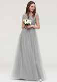 Bateau Short Sleeve Long/Floor-Length Tulle A-line/Princess Bridesmaid Dresses With Sashes Lace Nellie STKP0025482