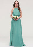 High-Neck Sleeveless Long/Floor-Length Chiffon A-line/Princess Bridesmaid Dresses With Sashes Hanna STKP0025485