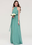 High-Neck Sleeveless Long/Floor-Length Chiffon A-line/Princess Bridesmaid Dresses With Sashes Hanna STKP0025485