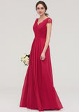 Sleeveless V Neck Long/Floor-Length Chiffon A-line/Princess Bridesmaid Dresses With Lace Pleated Bridget STKP0025486