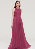 Bateau Sleeveless Long/Floor-Length Chiffon A-line/Princess Bridesmaid Dresses With Lace Pleated Viv STKP0025488