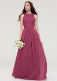 Bateau Sleeveless Long/Floor-Length Chiffon A-line/Princess Bridesmaid Dresses With Lace Pleated Viv STKP0025488