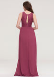 Bateau Sleeveless Long/Floor-Length Chiffon A-line/Princess Bridesmaid Dresses With Lace Pleated Viv STKP0025488