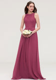 Bateau Sleeveless Long/Floor-Length Chiffon A-line/Princess Bridesmaid Dresses With Lace Pleated Viv STKP0025488