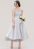 Bateau Sleeveless Tea-Length Satin A-line/Princess Bridesmaid Dresses With Sashes Lace Louisa STKP0025495