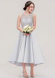 Bateau Sleeveless Tea-Length Satin A-line/Princess Bridesmaid Dresses With Sashes Lace Louisa STKP0025495