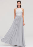 Sleeveless Scoop Neck A-line/Princess Chiffon Long/Floor-Length Bridesmaid Dresseses With Lace Adalynn STKP0025497