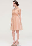 Bateau Sleeveless A-line/Princess Tulle Knee-Length Bridesmaid Dresses With Pleated Beading Rhianna STKP0025498