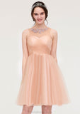 Bateau Sleeveless A-line/Princess Tulle Knee-Length Bridesmaid Dresses With Pleated Beading Rhianna STKP0025498