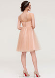 Bateau Sleeveless A-line/Princess Tulle Knee-Length Bridesmaid Dresses With Pleated Beading Rhianna STKP0025498