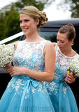 Bateau A-Line/Princess Tea-Length Organza Bridesmaid Dresses With Appliqued Ryann STKP0025504