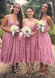 Sleeveless Sweetheart Tea-Length A-line/Princess Lace Bridesmaid Dresseses With Pleated Alexis STKP0025518