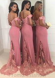 Sleeveless Off-the-Shoulder Sweep Train Sheath/Column Jersey Bridesmaid Dresseses With Lace Beading Jaida STKP0025519