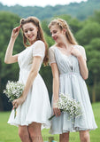 Short/Mini Scalloped Neck Short Sleeve Chiffon A-line/Princess Bridesmaid Dresseses With Lace Delilah STKP0025520