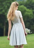 Short/Mini Scalloped Neck Short Sleeve Chiffon A-line/Princess Bridesmaid Dresseses With Lace Delilah STKP0025520