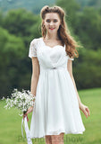 Short/Mini Scalloped Neck Short Sleeve Chiffon A-line/Princess Bridesmaid Dresseses With Lace Delilah STKP0025520