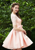 Bateau Short Sleeve Short/Mini A-line/Princess Satin Bridesmaid Dresses With Waistband Pleated Lace Cristal STKP0025521